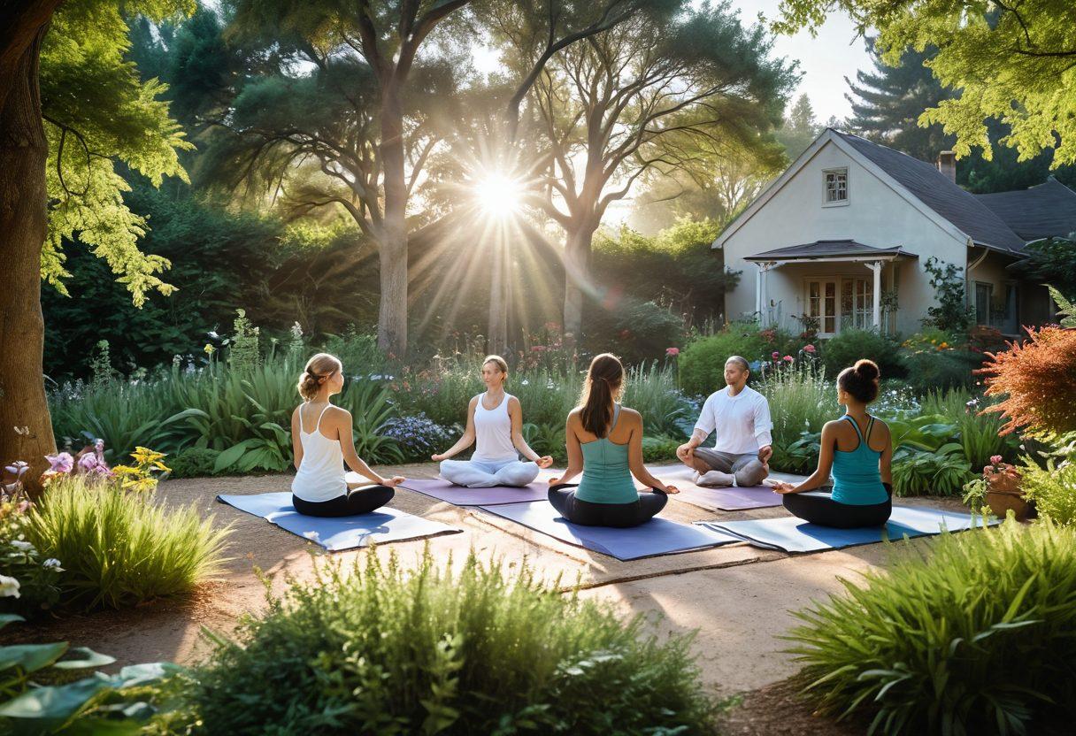 A serene landscape depicting a tranquil garden with diverse plants and flowers symbolizing holistic healing. In the foreground, a diverse group of individuals practicing yoga and meditation, embodying wellness and prevention. Soft sun rays illuminating the scene, creating a warm, hopeful atmosphere. Include elements like herbal teas and natural remedies subtly placed around. calm, relaxing color palette. super-realistic. vibrant colors.