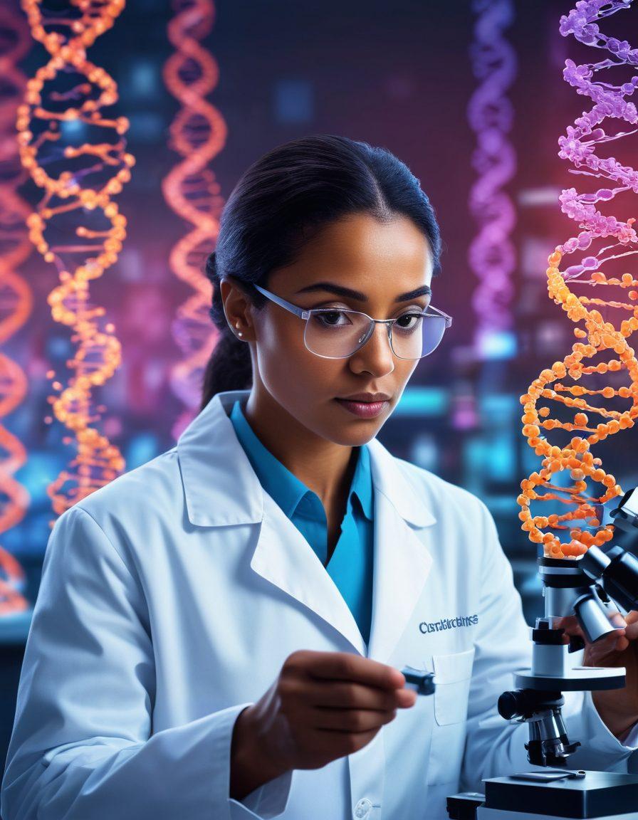 A visually striking representation of a researcher in a lab coat, intently examining cells under a microscope, surrounded by glowing DNA strands and molecular structures. In the background, diverse people of various ages and ethnicities are seen participating in clinical trials, symbolizing hope and progress. The atmosphere conveys innovation and collaboration in cancer research. vibrant colors. super-realistic. digital art.
