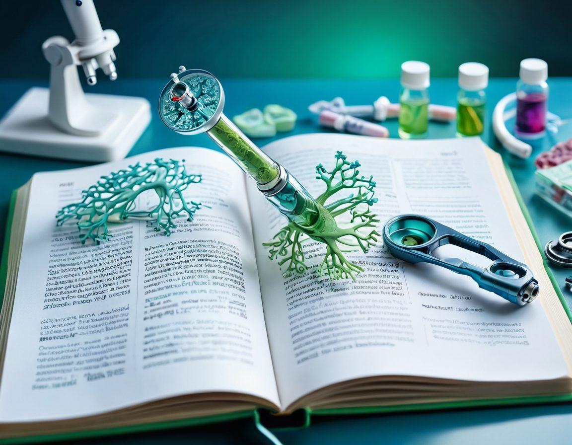 An open medical book with pages fluttering, revealing vibrant illustrations of human anatomy and cancer cells intertwined with uplifting images of support groups and medical professionals discussing treatment plans. In the background, a soft, calming color gradient merges blue and green tones, symbolizing hope and healing. The foreground features diagnostic tools like a microscope and lab equipment. super-realistic. vibrant colors. white background.